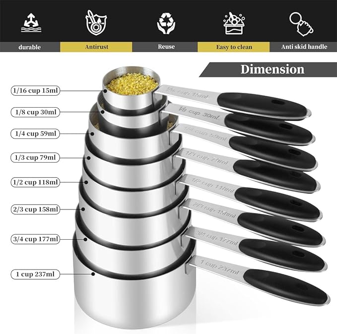 16 Pieces Measuring Cups and Magnetic Measuring Spoons Set Stainless Steel,8 Measure Cups with Silicone Handle and 7 Double Sided Magnetic Measure Spoons & 1 Leveler - Image 2