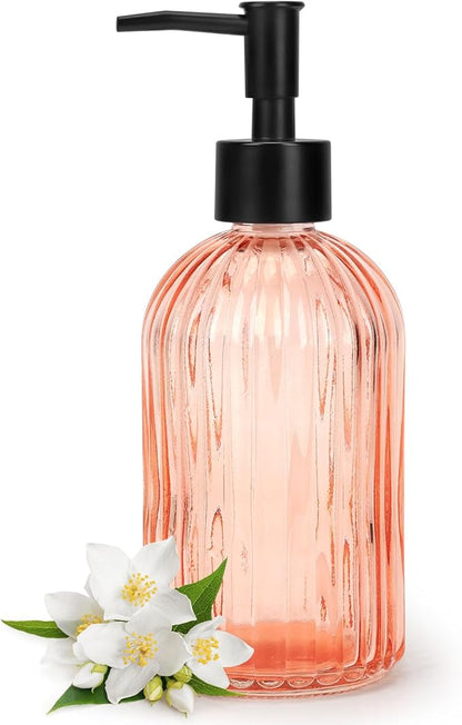 Topsky Stripe Glass Soap Dispenser with Black Plastic Pump, 400ml Liquid Hand Soap Dispenser, Rustproof Pump for Kitchen & Bathroom, Great for Lotions, Essential Oil, Liquid Soaps-Pink Orange by HomeandKitchenNO1