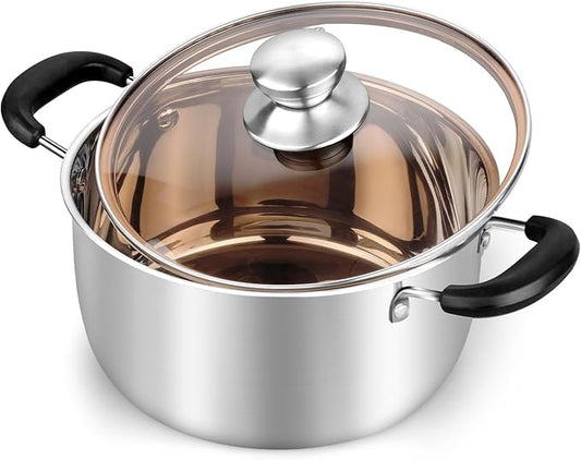 TeamFar 3 Quart Stock Pot, Stainless Steel Stock Pasta Soup Pot with Lid, Tempered Glass Lid & Double Heat-Proof Handles, Non-Toxic & Healthy, Heavy Duty & Dishwasher Safe by TeamFar