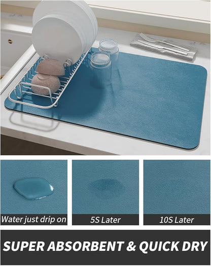 AMOAMI-Coffee Mat Hide Stain Rubber Backed Absorbent Dish Drying Mat for Kitchen Counter-Coffee Bar Accessories Fit Under Maker Machine Pot Espresso Machine Dish Rack Blue - Image 3