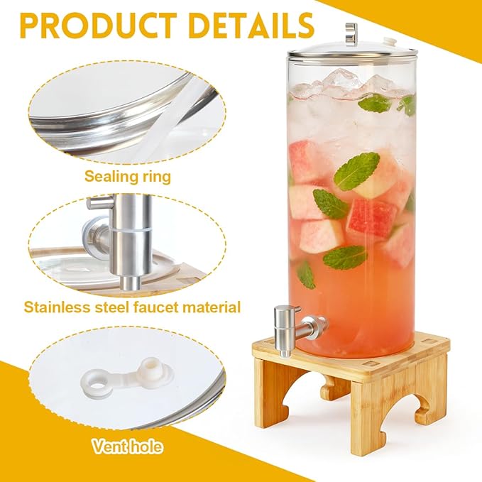 2 Gallon Drink Dispenser,Glass Beverage Dispenser With Wood Stand, 18/8 Stainless Steel Spigot and Labels Large Water Drink Dispensers for Parties, Lemonade,Juice, Bar,Wedding,Restaurants - Image 3