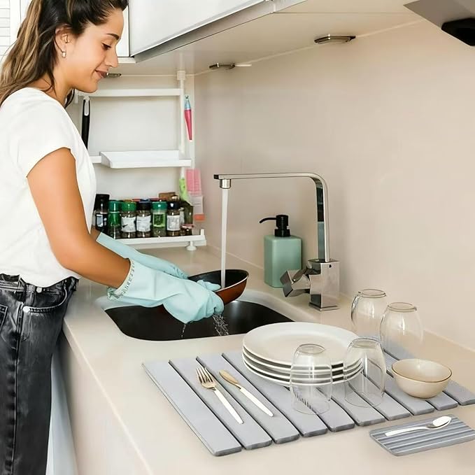 2 PCS Large Stone Dish Drying Mat for Kitchen Counter with Water Absorbing Sink Tray,24x16 Inch Foldable Diatomaceous Earth Dish Mat & 8x4 Inch Stone Coasters Tray,Super Absorbent Quick Dry - Image 6