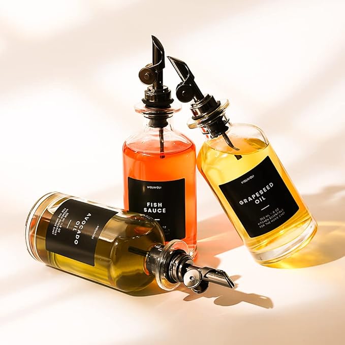 Molimoli Oil and Vinegar Dispenser with Metal Pour Spout, Weighted Pourer, Glass Bottle Dispenser for Kitchen, Olive Oil Cruet, Glass Olive Oil Bottle |350ml, Set of 2 - Image 5