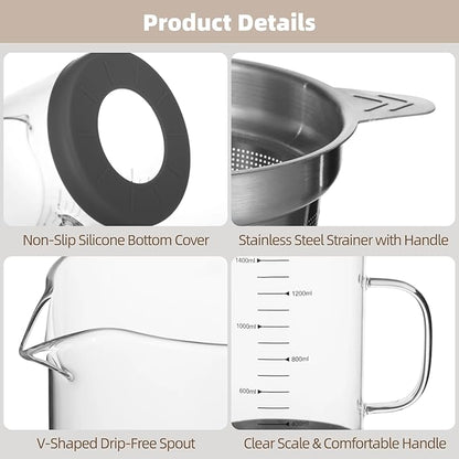 Greek Yogurt Strainer, 50 oz Nut Milk Strainer, Juice Food Strainer, Glass Teapot with Mesh Strainer, Iced Tea Pitcher, 1500 ml Heat & Cold Resistant High Borosilicate Glass Jug with Handle and Lid