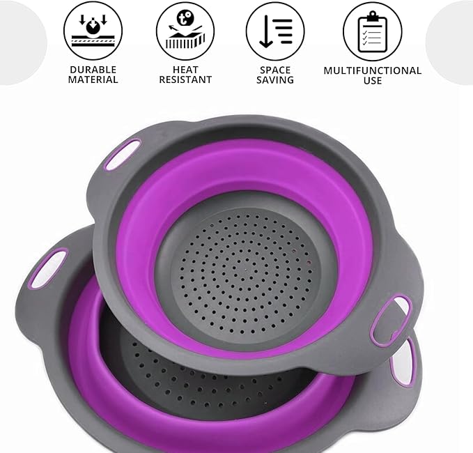 Purple Foldable Food Strainer for Kitchen - Small Collapsible Colander for Spaghetti and Pasta Multifunctional Silicone Strainer for Camping - Image 4