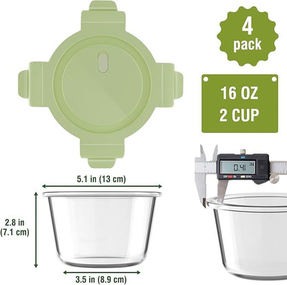 16oz Glass Meal Prep Containers, Airtight 2 Cup Glass Storage Containers with Lids, Heat-Resistant BPA-Free Borosilicate Glass Soup Container for Leftover, Microwave, Dishwasher&Freezer Safe (4 Packs)