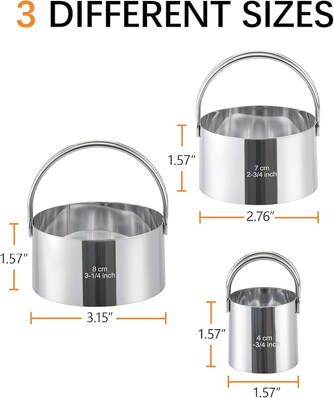 Biscuit Cutter Set with Handle, 3 Piece Stainless Steel Round Cookie Cutter Tool, Multi Size Circle Dough Donut Cutters for Baking Cakes, Biscuits, Pastry Dough