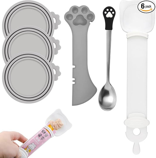 6 PCS Cat Food Can Covers Lids Set, Multi-Function Cat Food Spoon & Silicone Storage Lids with Opener, Cat Bar Squeezer, Stainless Steel Wet Food Spoon for Feeding, Storage and Cats & Dogs (Grey)