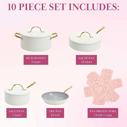 Paris Hilton Iconic Nonstick Pots and Pans Set, Multi-layer Nonstick Coating, Matching Lids With Gold Handles, Made without PFOA, Dishwasher Safe Cookware Set, 10-Piece, Cream