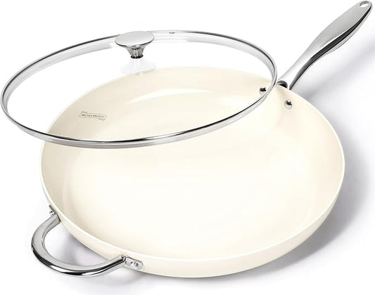 MICHELANGELO Large Frying Pan with Lid, 14 Inch Ceramic Skillet with Nonstick Coating, Healthy Non Stick Fry Pan, Induction Compatible, White by Michelangelo
