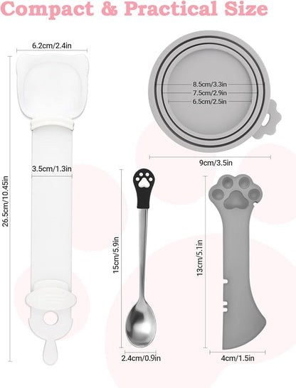 6 PCS Cat Food Can Covers Lids Set, Multi-Function Cat Food Spoon & Silicone Storage Lids with Opener, Cat Bar Squeezer, Stainless Steel Wet Food Spoon for Feeding, Storage and Cats & Dogs (Grey)