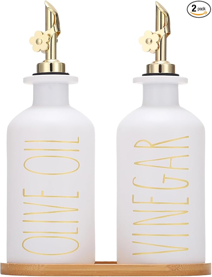 HOMCDALY Premium Olive Oil Dispenser for Kitchen, 11.8oz Glass Oil Bottles with Bamboo Tray, White and Gold Oil&Vinegar Cruet Set, Kitchen Dispenser Bottles with Pourer| Set of 2 (11.8oz –P–Gold) by HOME