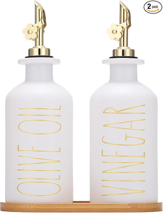 HOMCDALY Premium Olive Oil Dispenser for Kitchen, 11.8oz Glass Oil Bottles with Bamboo Tray, White and Gold Oil&Vinegar Cruet Set, Kitchen Dispenser Bottles with Pourer| Set of 2 (11.8oz –P–Gold) by HOME