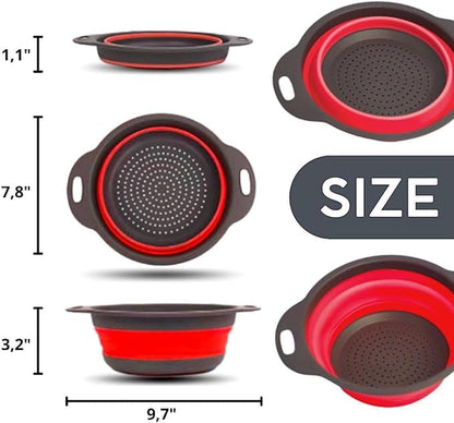 Red Round Silicone Collapsible Colander – Silicone Round Kitchen Strainers with Plastic Handles Foldable Kitchen Strainer Small Perfect for Draining Pasta Vegetable and Fruit - Image 2