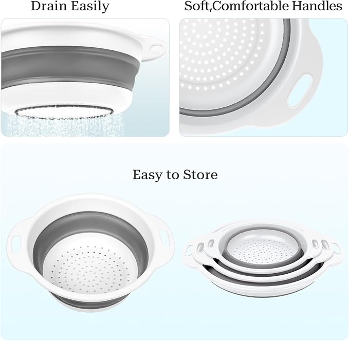 Collapsible Colander 3-Pack Set Space-Saving Foldable Kitchen Strainer with Non-Slip Base Durable Thickened PP+TPE Collapsible Strainers for Pasta, Vegetables, Fruits (Gray-White) - Image 4