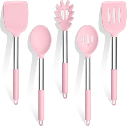 TeamFar Cooking Utensils Set, 5 PCS Silicone Kitchen Utensils with Stainless Steel Handle for Nonstick Cookware Turning Flipping Frying Draining, Heatproof & Healthy, Nonstick & Easy Clean, Pink by TeamFar