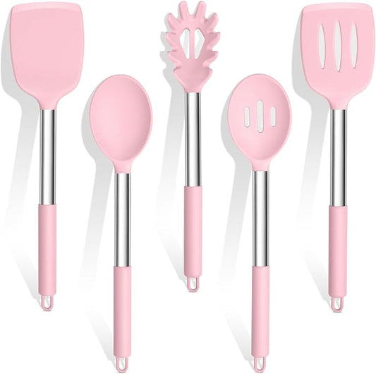 TeamFar Cooking Utensils Set, 5 PCS Silicone Kitchen Utensils with Stainless Steel Handle for Nonstick Cookware Turning Flipping Frying Draining, Heatproof & Healthy, Nonstick & Easy Clean, Pink by TeamFar