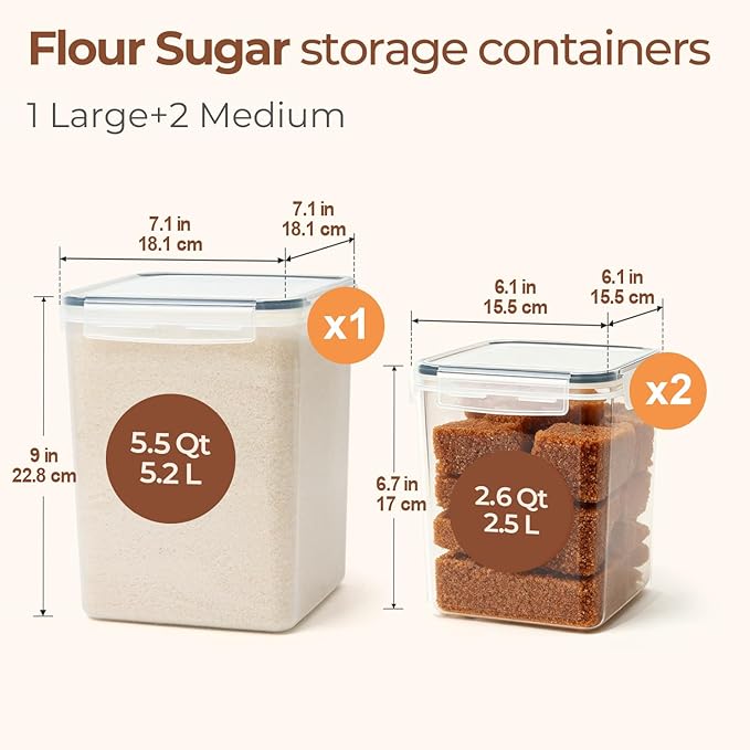 ComSaf Flour Sugar Storage Containers Set of 3 (5.2L/5.5Qt) (2.5L/2.6Qt*2), Large Airtight Food Storage Containers with Lids, Plastic Canisters Sets for Kitchen, Pantry Organizers for Rice and Baking - Image 2