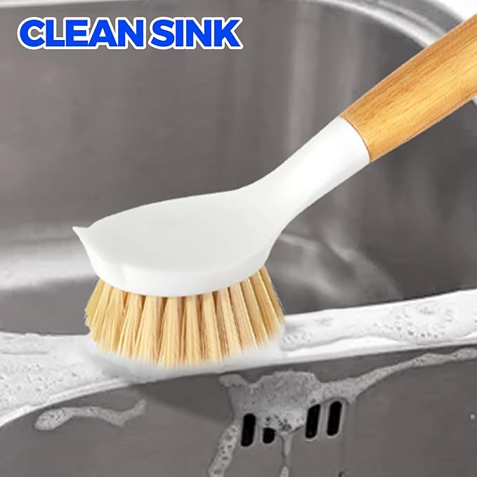 Holikme 3 Pack Dish Brush Set with Bamboo Handle, Kitchen Cleaner for Cleaning Pot, Pan, Sink and Stove, Scrubber with Medium Bristles, Yellow - Image 3