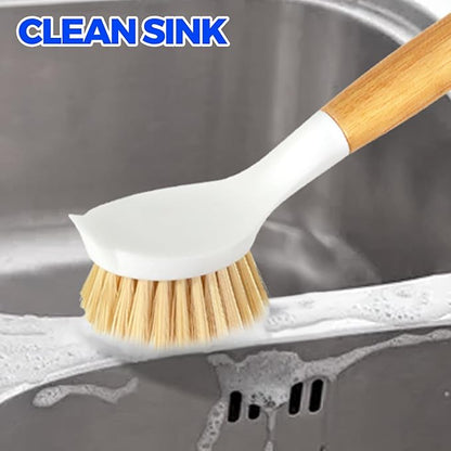 Holikme 3 Pack Dish Brush Set with Bamboo Handle, Kitchen Cleaner for Cleaning Pot, Pan, Sink and Stove, Scrubber with Medium Bristles, Yellow - Image 3