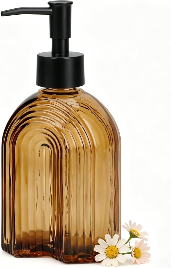 Black Pump Glass Soap Dispenser, 12oz Brown Stripe Countertop Refillable Liquid Bottle Hand Dish Lotion Dispenser with Plastic Pump, for Kitchen, Bathroom Countertop