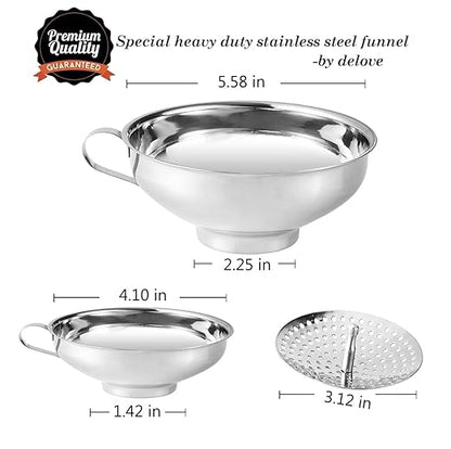 Delove Canning Funnel with Strainer for Wide and Regular Mason Jars - Wide-Mouth Funnels for Kitchen Use - Canning Supplies Kit - Stainless Steel - 3 Pack (Small and Large) - Image 2
