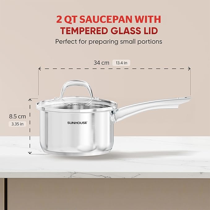 SUNHOUSE – 2 Quarts Stainless Steel Sauce Pan with Lid - PFOA-Free, Stainless Steel Sauce Pan, Advanced Impact Bonding Induction Base, Stay-Cool Handle, Compatible with All Cooktops - Image 2