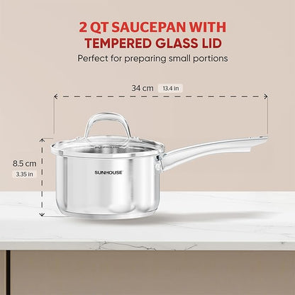SUNHOUSE – 2 Quarts Stainless Steel Sauce Pan with Lid - PFOA-Free, Stainless Steel Sauce Pan, Advanced Impact Bonding Induction Base, Stay-Cool Handle, Compatible with All Cooktops - Image 2