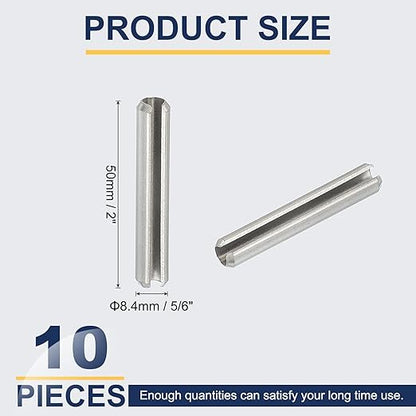 PATIKIL Slotted Spring Pin, 10 Pcs 5/16" x 2" (8.4mm x 50mm) 304 Stainless Steel Split Roll Pins Spring Dowel for Home Improvement Automotive Machine Repair, Silver