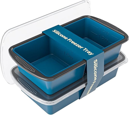 GORCI Silicone Freezer Tray With Lid, 4 Large 2 Cup Soup Freezer Molds, Soup Freezer Container for Meal Prepping, Large Ice Cube Tray， Perfect for Storing Leftovers, Sauces, Lasagna, 2-Pack by GORCI