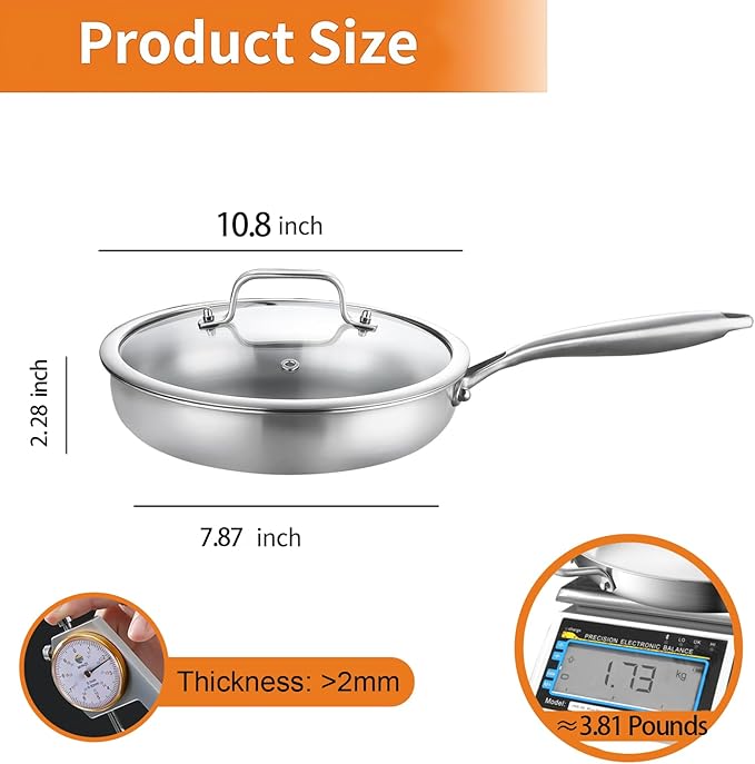 DELARLO Tri-Ply Stainless Steel Pan, 18/10 Frying Pan, Oven Safe Up to 600°F, Nontoxic Cookware, Compatible with All Cooktops Skillet, Durable, Fast Even Heat Fry Pan,10inch Steel Pan with Glass Lids - Image 3