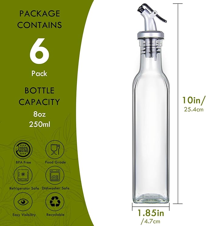 YEBODA 8oz Clear Glass Olive Oil Dispenser Bottles, and Vinegar Cruet Bottle Includes Pourers, Funnel Labels, Cooking Container for Kitchen 6 Pack - Image 6