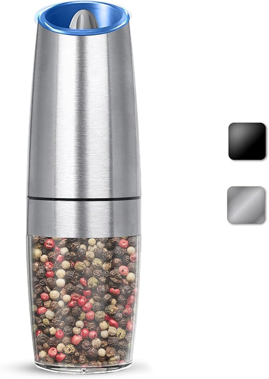 Gravity Electric Salt And Pepper Grinder, Automatic Salt And Pepper Grinder, Battery Powered (6 AAA Batteries Each), Adjustable Roughness, LED Light, 1 Pack, (Silver) by KIARYUOLL