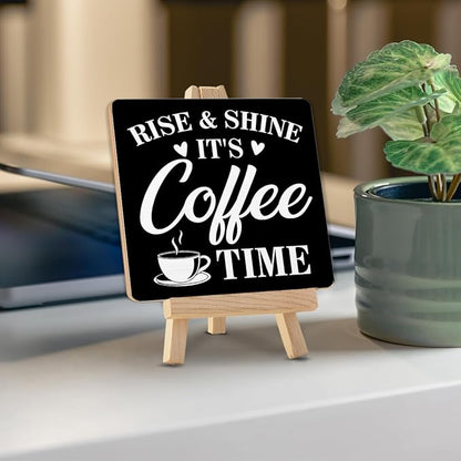 Coffee Bar Decor, Rise and Shine It's Coffee Time Wood Sign with Easel Home Kitchen Desk Shelf Tabletop Table Decor - Image 4