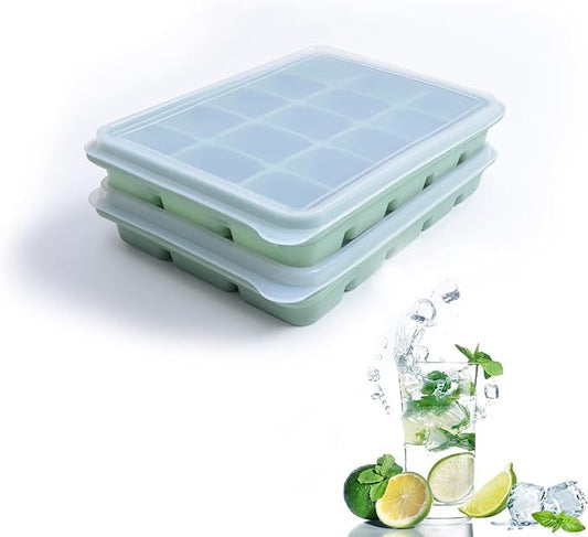 Ice Cube Trays Set of 2, Easy Release 15 Flexible Silicone Ice Cube Molds with Removable Lid Reusable Freezer Ice Trays Stackable for Whiskey, Baby Food, BPA Free (BAMBOO GREEN) by Tvmania
