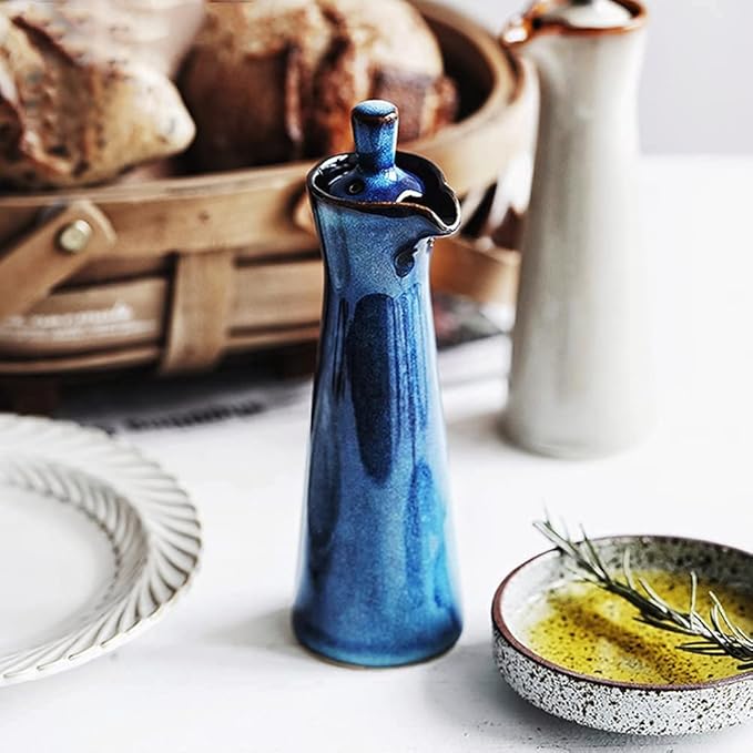 Small Ceramic Olive Oil Dispenser Bottle for Storage Of Oil, Vinegar, Soy Sauce, 120ml / 4oz - Blue