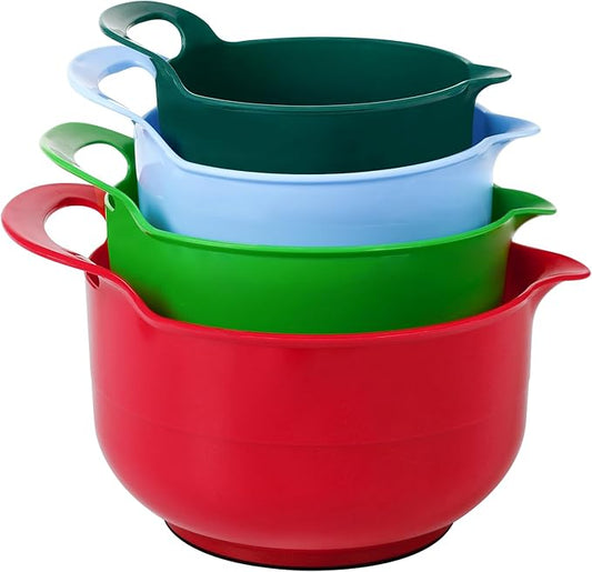 BoxedHome 4 Pack Nesting Mixing Bowl Christmas Set with Pour Spout and Handle, BPA free Microwave & Dishwasher Safe(Christmas colours, 4 Pack with Handle, Random colour silicone scraper included) by BoxedHomeProducts