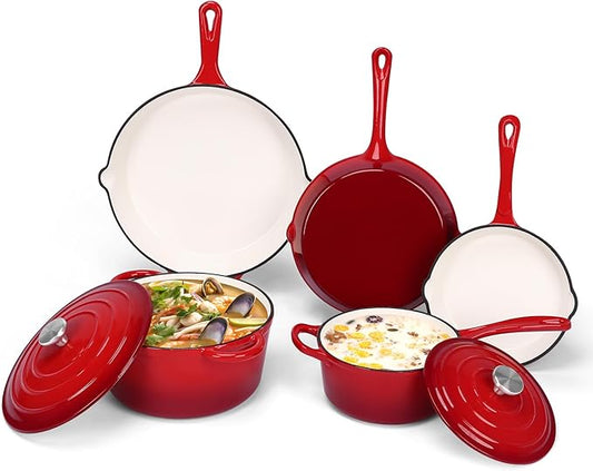 QuliMetal Nonstick Enameled Cast Iron Cookware Set, 5-Piece Pots and Pans Set with Lids, Skillet, Frying Pan, Saucepan & Dutch Oven for All Stovetops, PFOA Free, Ideal for Sourdough Bread Baking