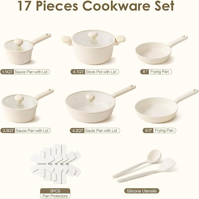 SENSARTE Ceramic Nonstick Pots and Pans Set 17pcs, Healthy Induction Cookware Set, Nontoxic Kitchen Cooking Set with Skillets & Saucepans, Stay-cool Handles, PFAS PTFE PFOA PFOS Free, Cream White