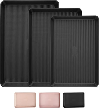 Sakerplus Nonstick Baking Sheet Pan Set of 3, Heavy Duty Cookie Sheets for Oven with Stripe Texture Pattern, 0.6mm Thick Quarter/Half/Jelly Roll Pans, Rust-Resistant & Easy Clean (Black) by SakerPlus