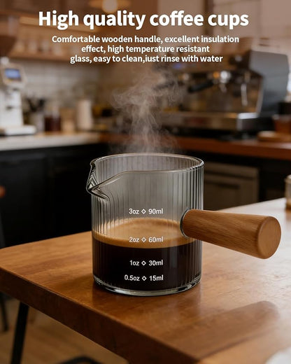 Espresso Measuring Cup 3 Oz, Espresso Glass Cups with Wood Handle, Milk Frothing Cup, Espresso Cup for Coffee, Milk, Tea or Maple Syrup Serving (Gray, 3 oz)