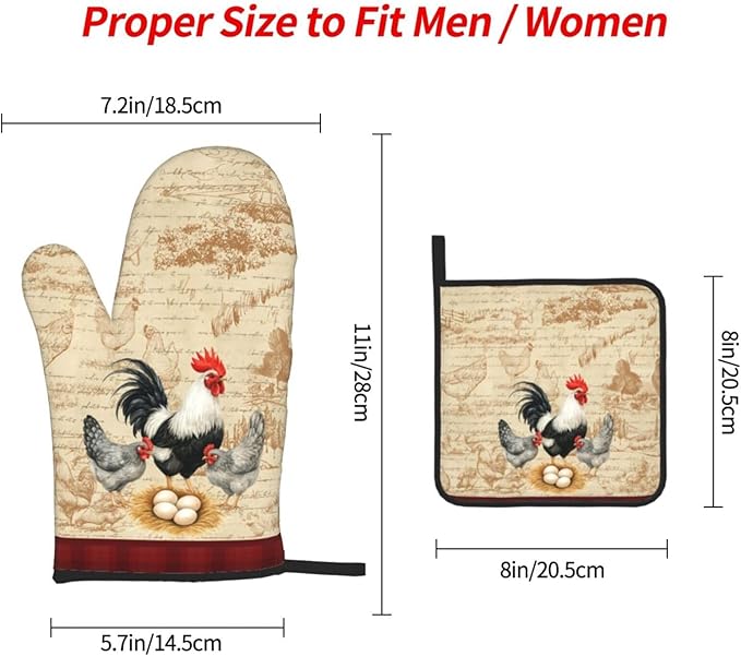 Rooster Chichen Oven Mitts and Pot Holders Sets,Cute Hot Pads Baking Gloves,Vintage Kitchen Mitts for Oven,Chichen Gifts & Baking Gifts for Women