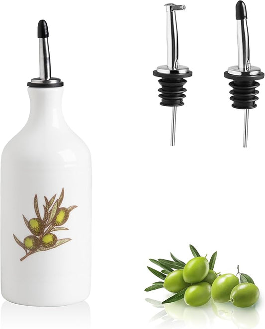 Sweejar Ceramic Olive Oil Dispenser Bottle, Opaque Oil Cruet Protects to Reduce Oxidation, Suitable for Storage Vinegar, Coffee Syrups & Other Liquids, Pack of 1, 15.5 Fl Oz(Olive Leaf White) by Sweejarco1949