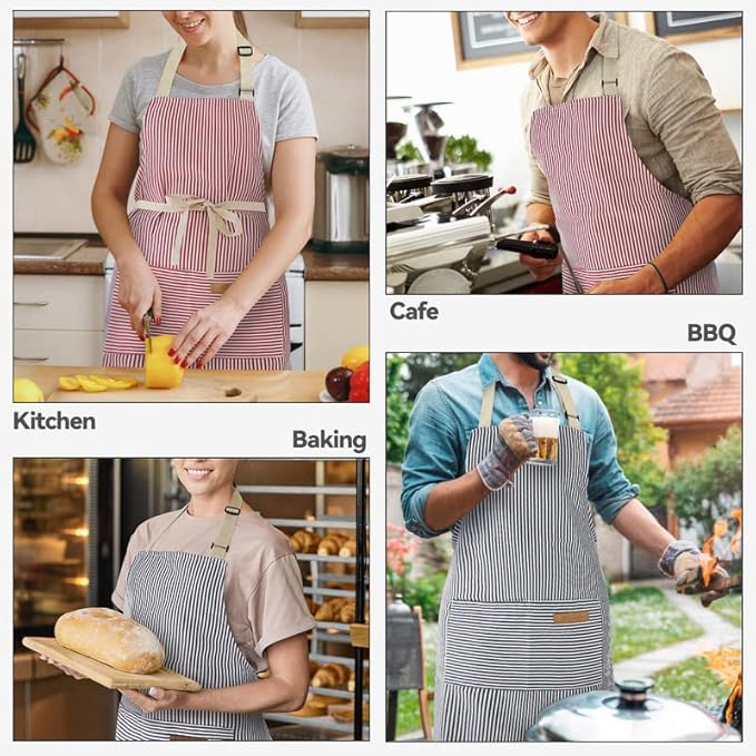NLUS 2 Pack Kitchen Cooking Aprons, Adjustable Bib Soft Chef Apron with 2 Pockets for Men Women (Blue Pinstripes/Pink Pinstripes) - Image 7