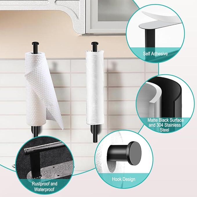 MGahyi Paper Towel Holder Wall Mount, Self Adhesive Or Drilling Paper Towel Holder Under Cabinet, 13.2 inch Stainless Steel Kitchen Paper Towel Roll Rack, Bathroom Towel Hanger(Black, 2*Rectangle) - Image 3