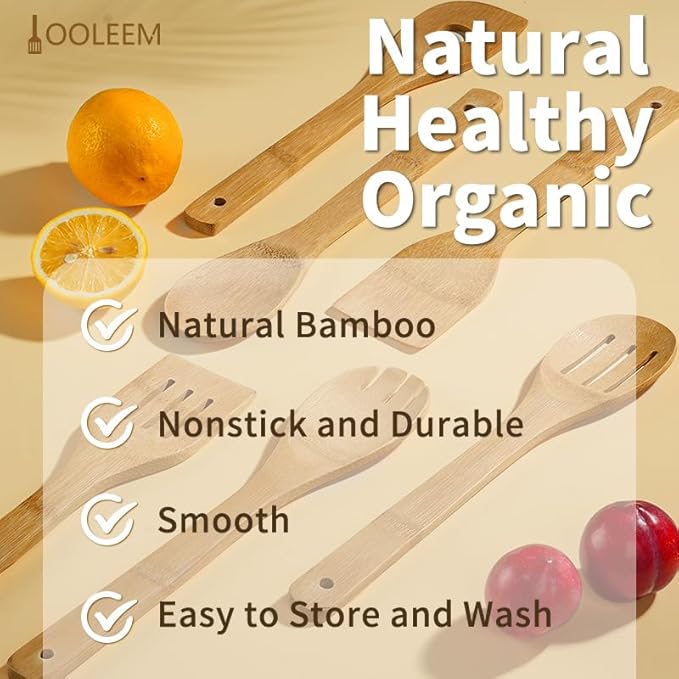 IOOLEEM Bamboo Wooden Spoons for Cooking 6 Pcs 12 Inch, Non-Stick Wooden Kitchen Utensils Set, Natural and Durable Wooden Spatula Spoons for Non-Stick Pan for Cooking - Image 7