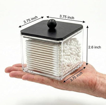 SheeChung Qtip Holder for Bathroom - Acrylic Cotton Swab Dispenser with Black Wood Lid, Clear Apothecary Jar for Cotton Balls, Pads, Flossers, Farmhouse Bathroom Vanity Organizer (2 pack)