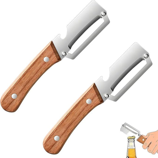 2 Pack Multifunctional Vegetable Peeler, 2-in-1 Kitchen Peeler with Bottle Opener, Wooden Handle & Stainless Steel Blade, for Potato, Carrot, Fruit, Pumpkin,sugar cane, Papaya & More by Unknown