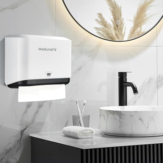 Wall Mount Paper Towel Dispenser, Multifold Hand Towel Dispenser with Smart Lock, Adhesive No-Drill or Screw Install, Holds 200 Towels for Bathroom, Restroom, Office, Kitchen & Home, White