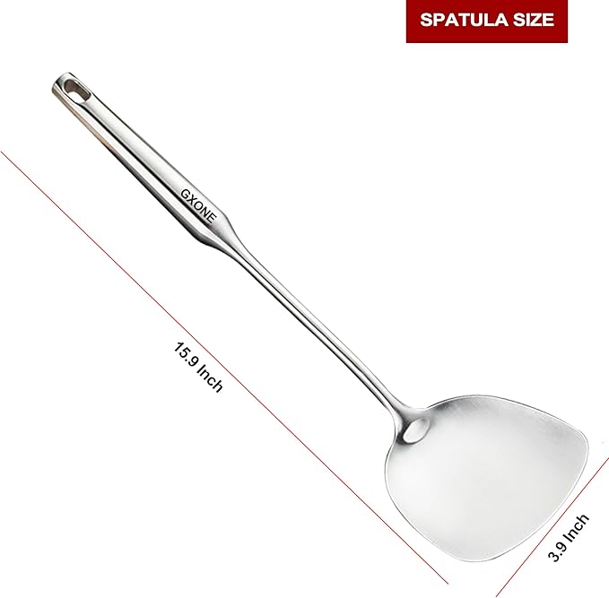 Wok Spatula Stainless Steel, Wide Metal Spatula with Hollow Long Handle Wok Utensils,Silver/14.7Inch - Image 2